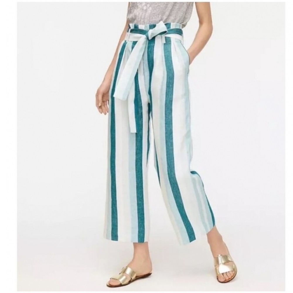 J.Crew Turquoise White Cabana Stripe Linen Paperbag Pants NWT 10